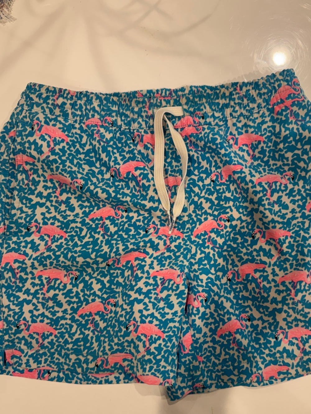 chubbies Turquoise Trunks with Pink Lining and Flamingo Print